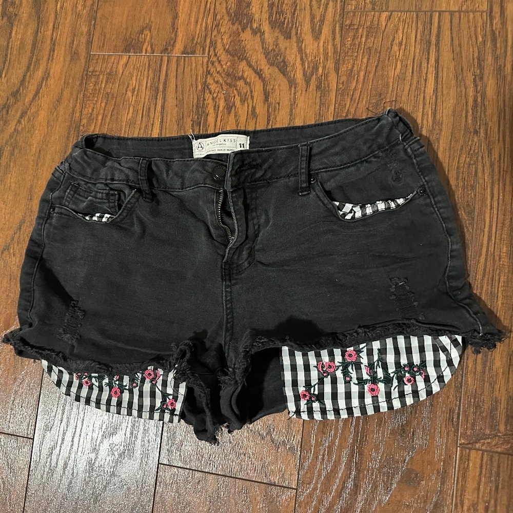 Mid Rise Distressed Jean Shorts with Floral Embroidered Pocket Linings